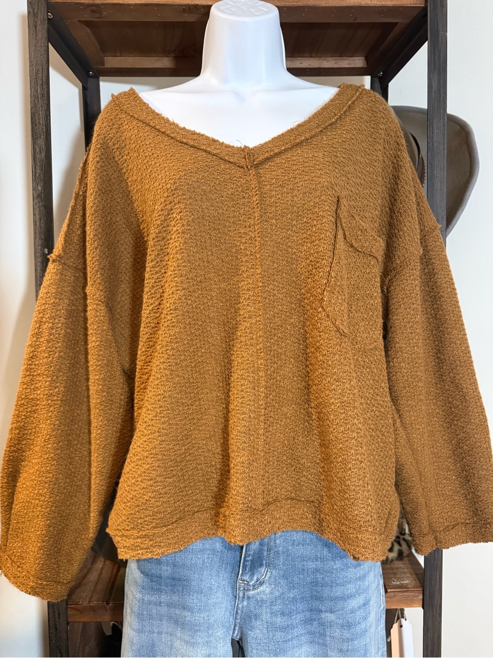 POL Textured V-Neck Sweater in Brown